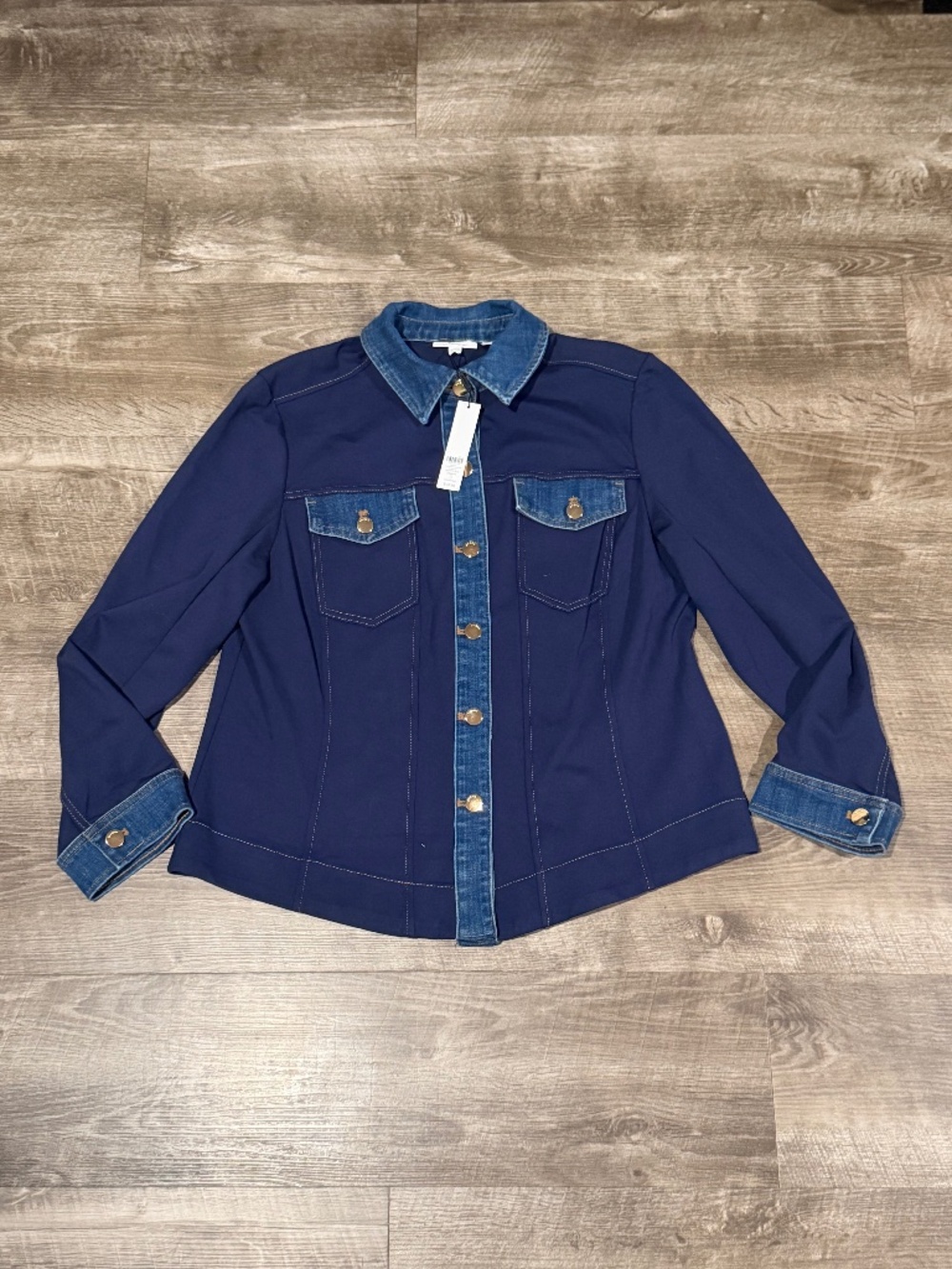 Chicos Jacket Womens Passport Blue Ponte Denim Mix Long Sleeve Button Front XL 3